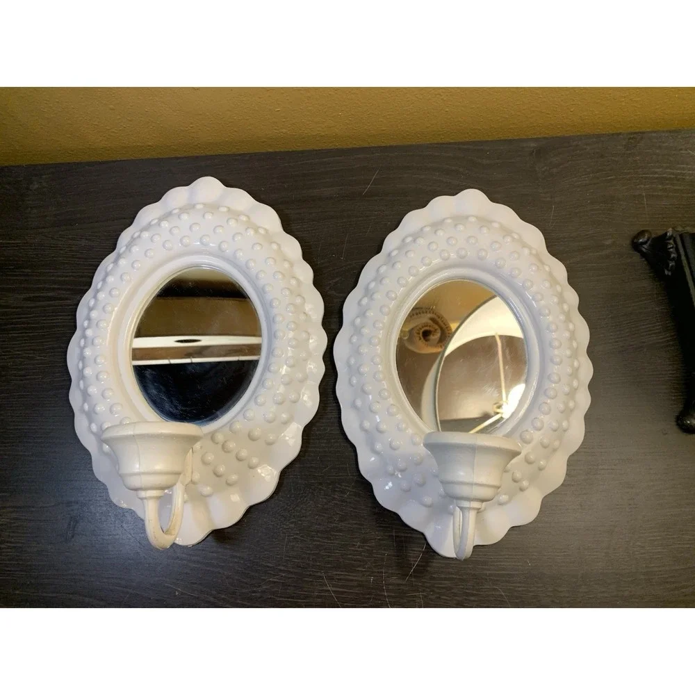 2 Vintage Burwood Mirrored Candle Sconces White Hobnail Homco Home Interiors